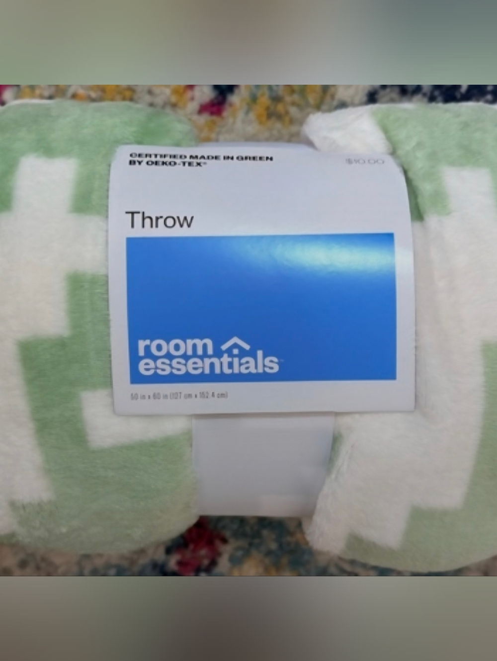 Room Essentials Green and White Geometric Plush Throw